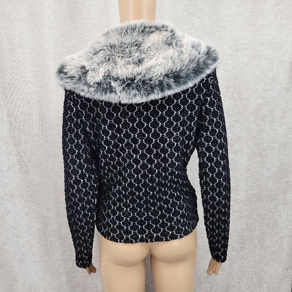 Cache Vintage Black Velvet and Gray Faux Fur Women's Carigan Sweater - Picture 7 of 13
